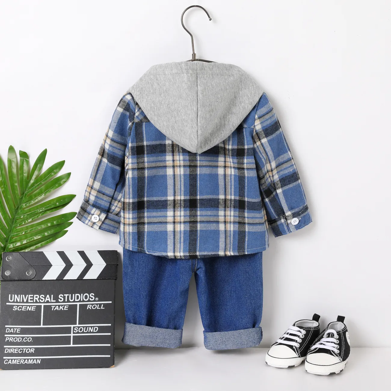 Baby Boy 2pcs Grid/Houndstooth Avant-garde Long sleeves Hooded Denim Sets Dark Blue big image 1