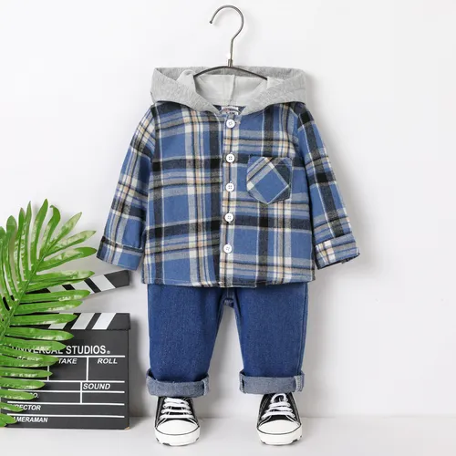 Baby Boy 2pcs Grid/Houndstooth Avant-garde Long sleeves Hooded Denim Sets