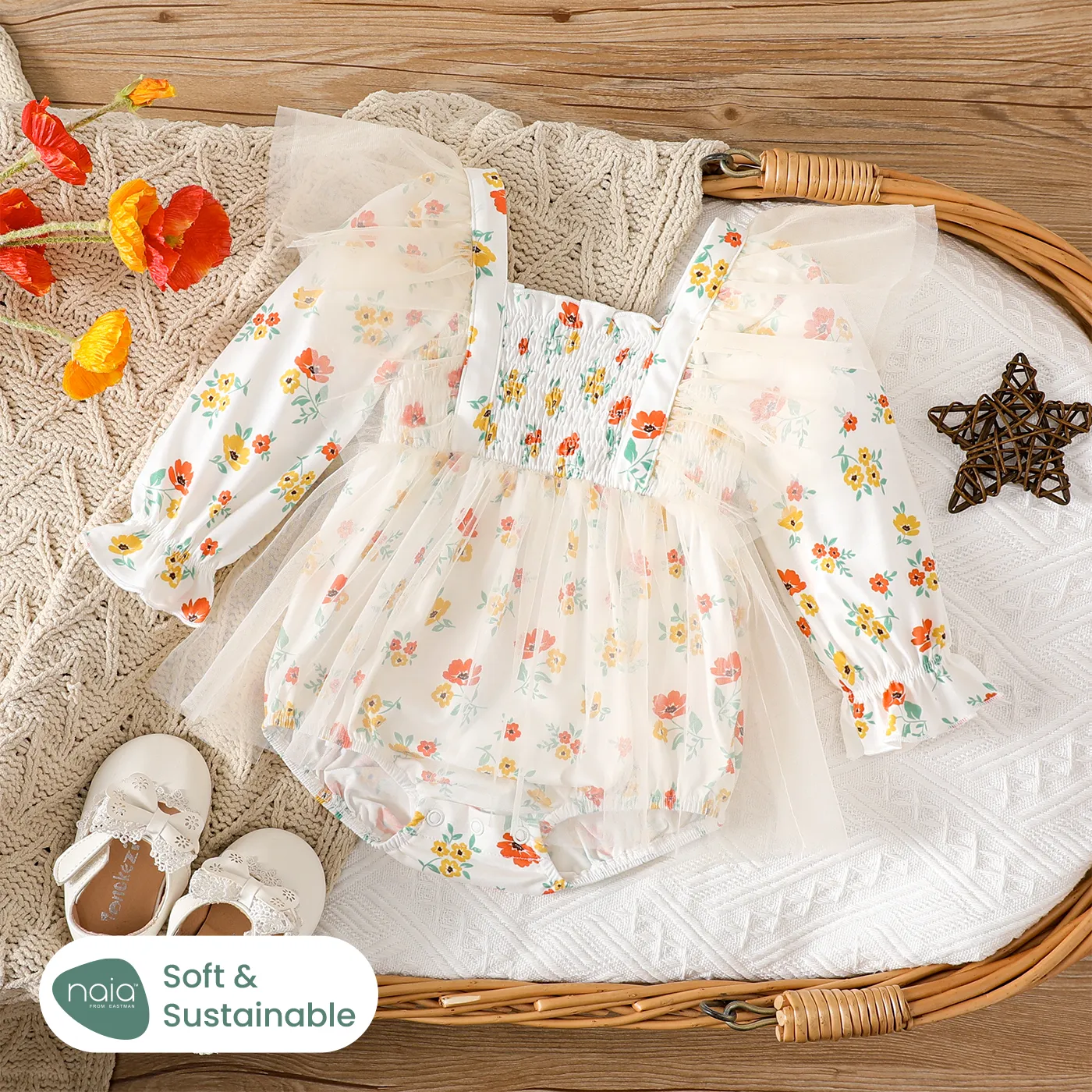 Baby Girl Naia Sweet Floral Lace Ruffle Edge Long sleeve Romper  big image 1