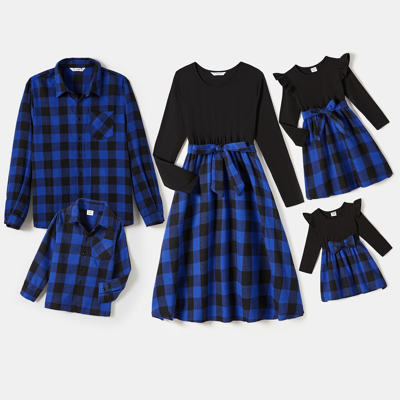 Family Matching Blue Long-sleeve Splicing Plaid Dresses And Polo Shirts Sets