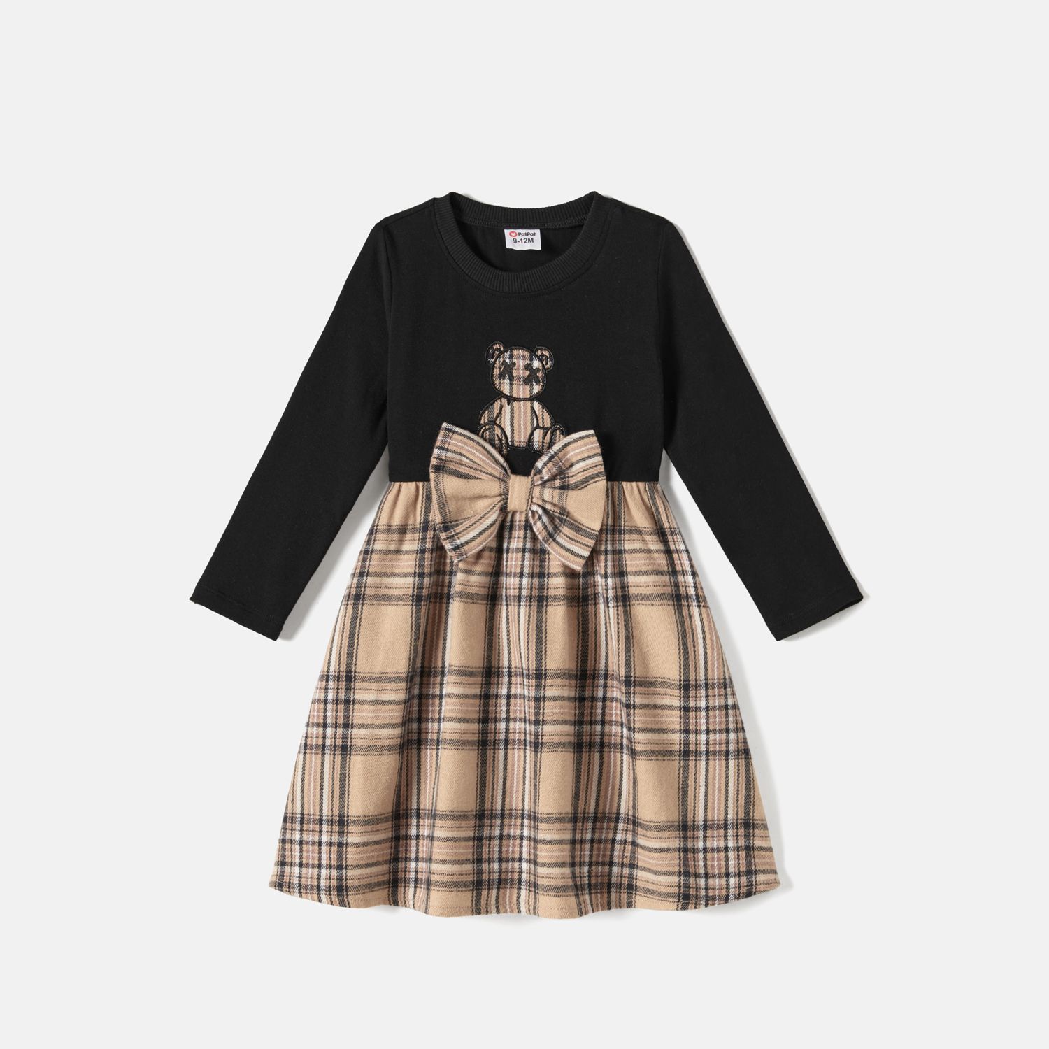 Family Look Houndstooth Grid Bear Print Long Sleeve Tops And Dresses Sets