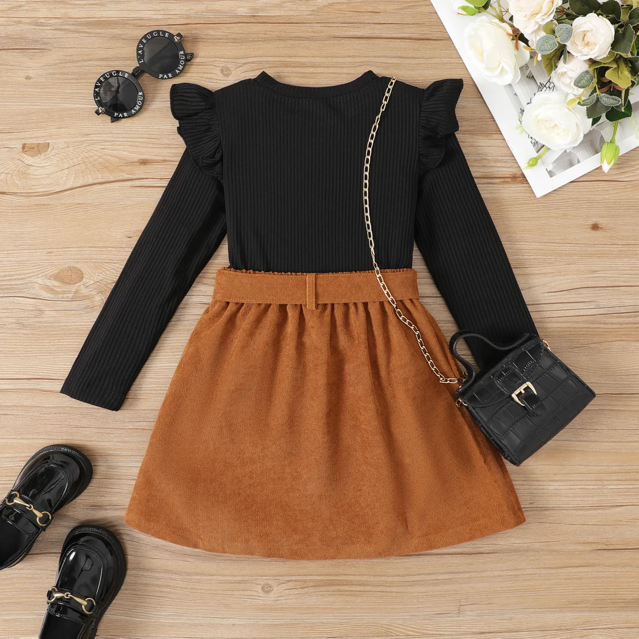 2PCS Kid Girl Solid Color Flutter Sleeve Fashionable Skirt Set Black big image 1