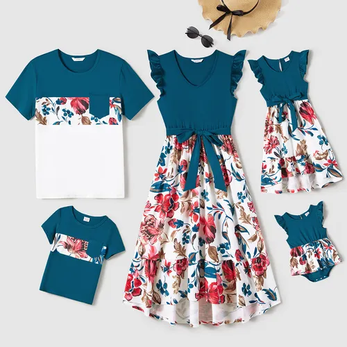 Family Matching Floral Panel Flutter-sleeve Belted Dresses and T-shirts Sets