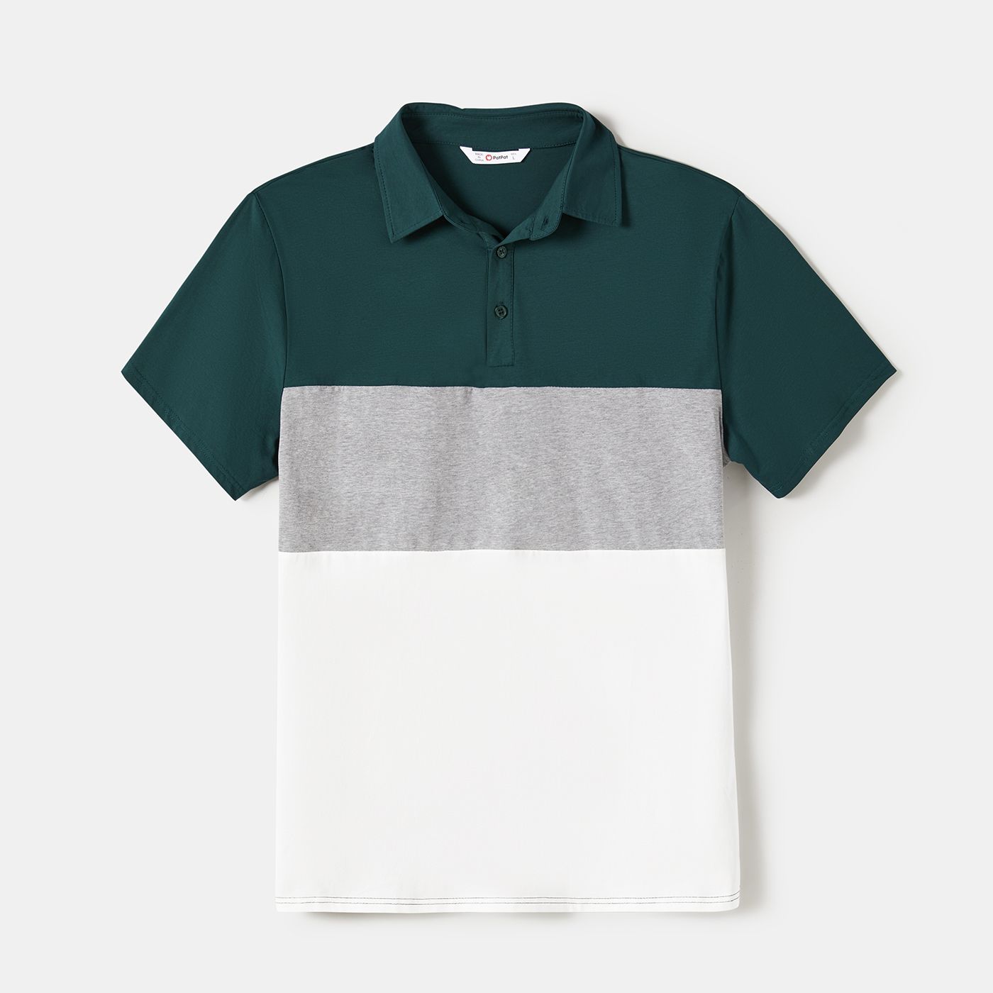 family matching green solid color v-neck belted dresses and color block short-sleeved tops sets