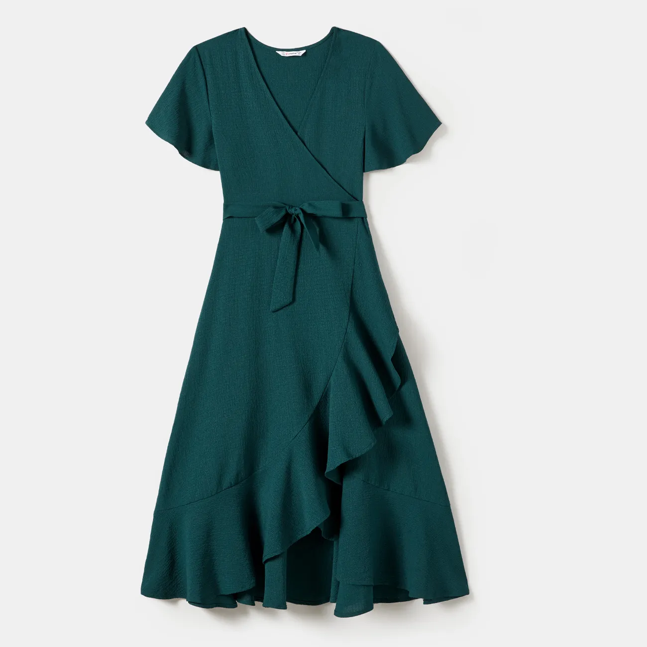 Family Matching Green Solid Color V-neck Belted Dresses And Color Block Short-Sleeved Tops Sets Green big image 1