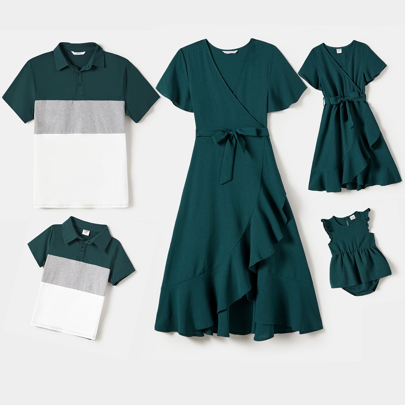Family Matching 100% Cotton Solid Textured Flutter-sleeve Button Up Dresses and Colorblock Short-sleeve T-shirts Sets