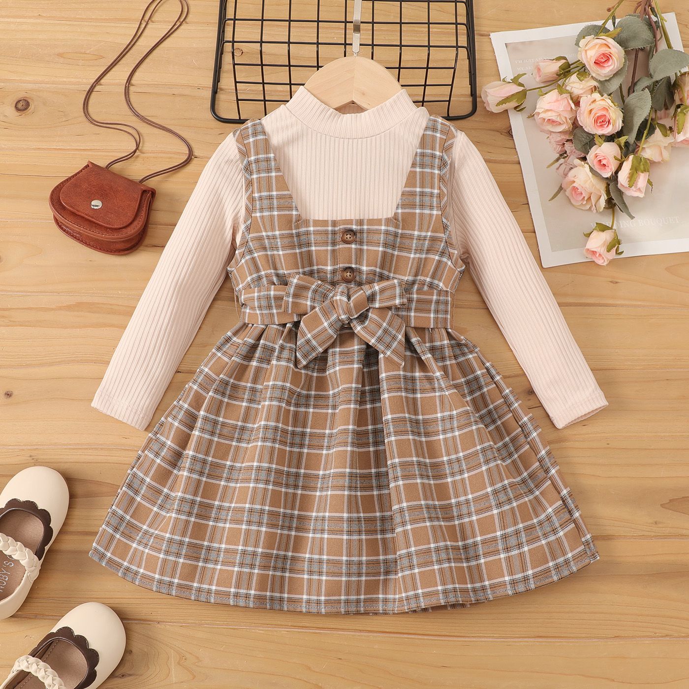 3pc Toddler Girl Grid Pattern Belt Suit Dress