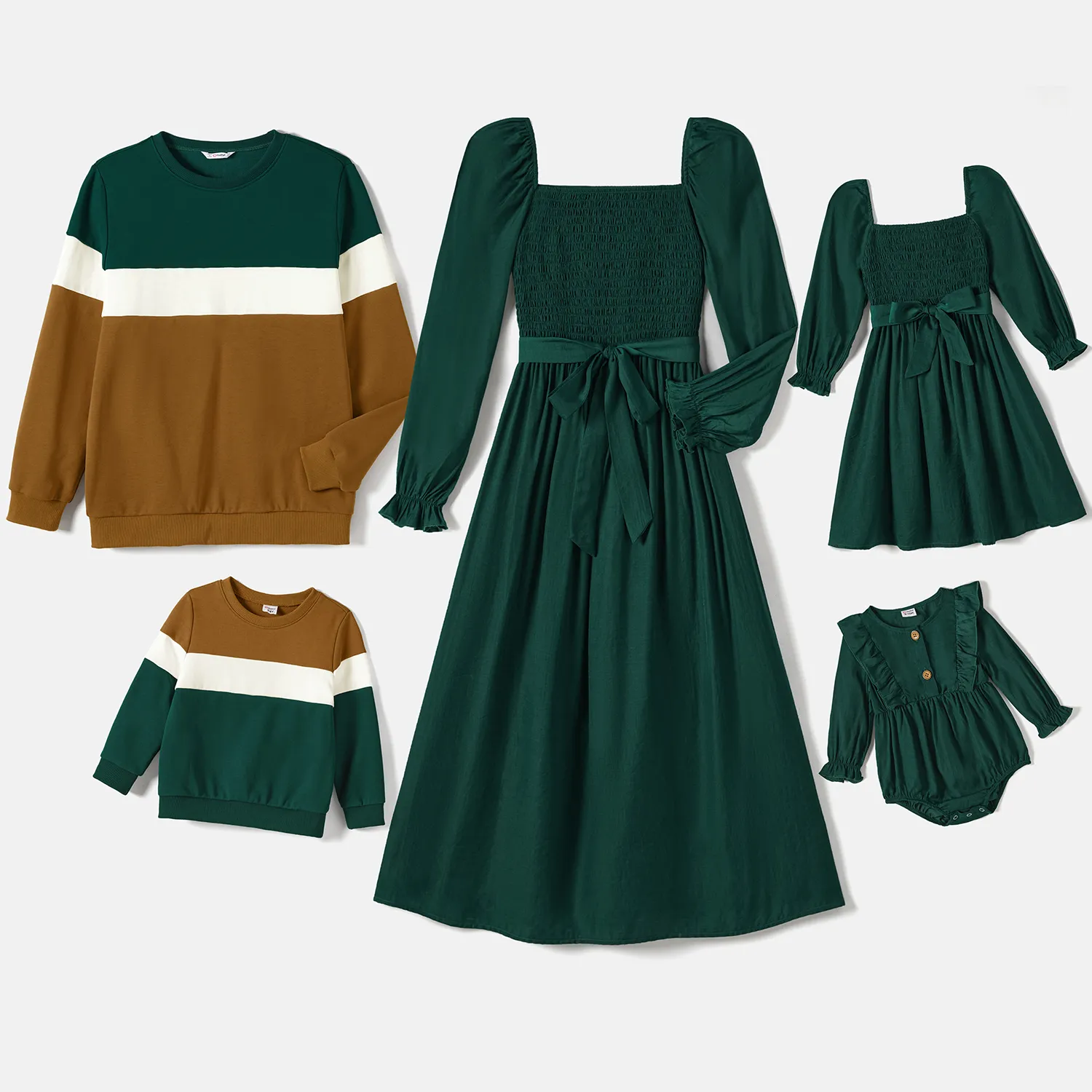 

Family Matching Solid Shirred Tiered Belted Dresses and Long-sleeve Colorblock Shirts Sets