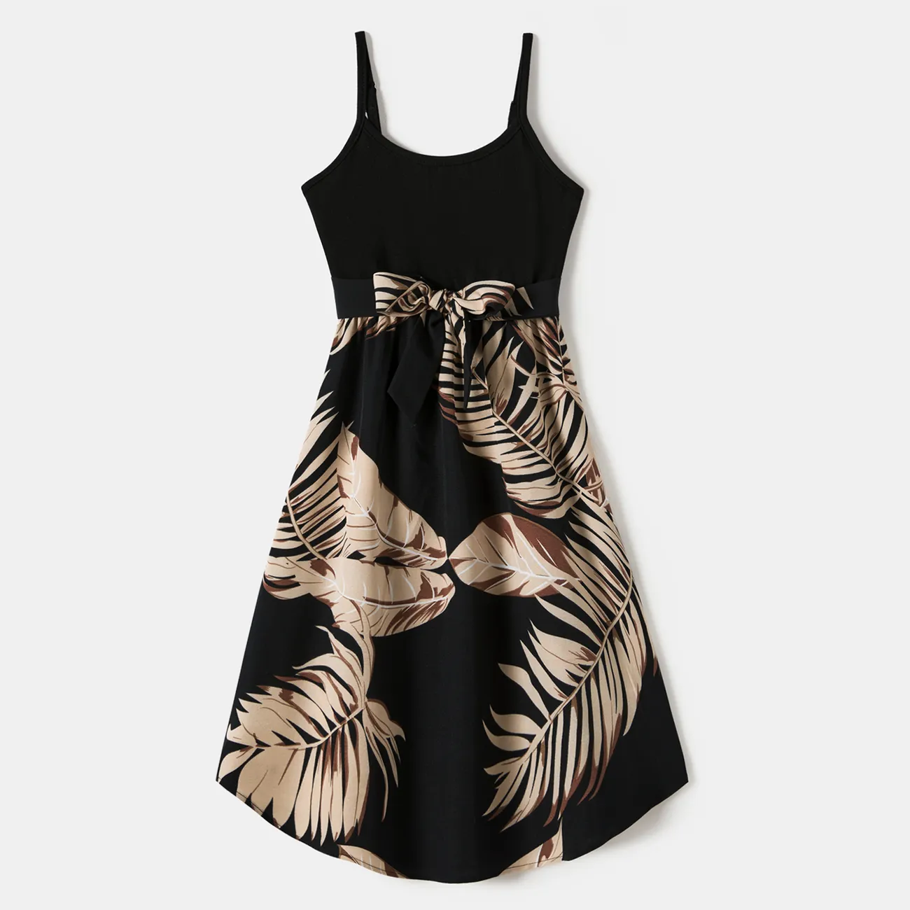 Family Matching Floral Print Belted Cami Dresses And Solid Short Sleeve Tops Sets Black big image 1