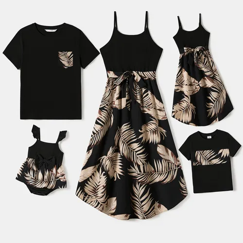 Family Matching Floral Print Belted Cami Dresses And Solid Short Sleeve Tops Sets
