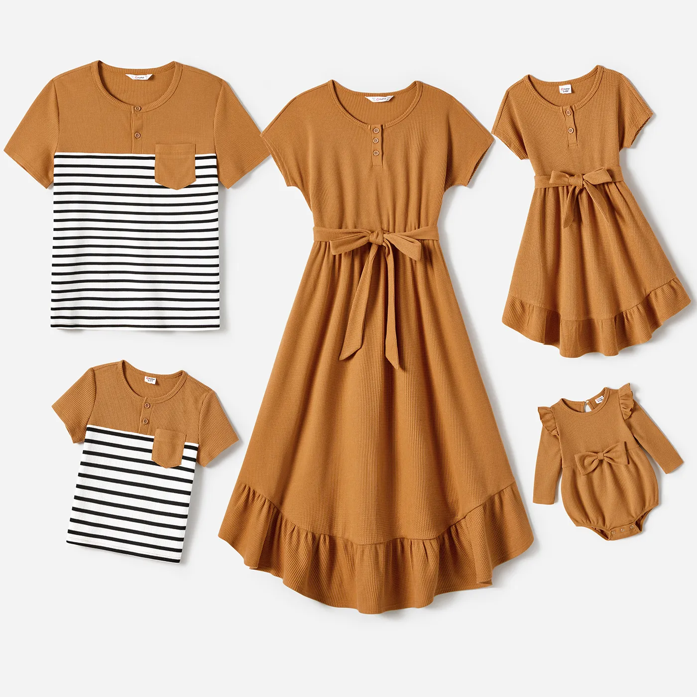 Family Matching Solid Color High Low Hem Dresses And Short Sleeve Striped Colorblock Tops Sets