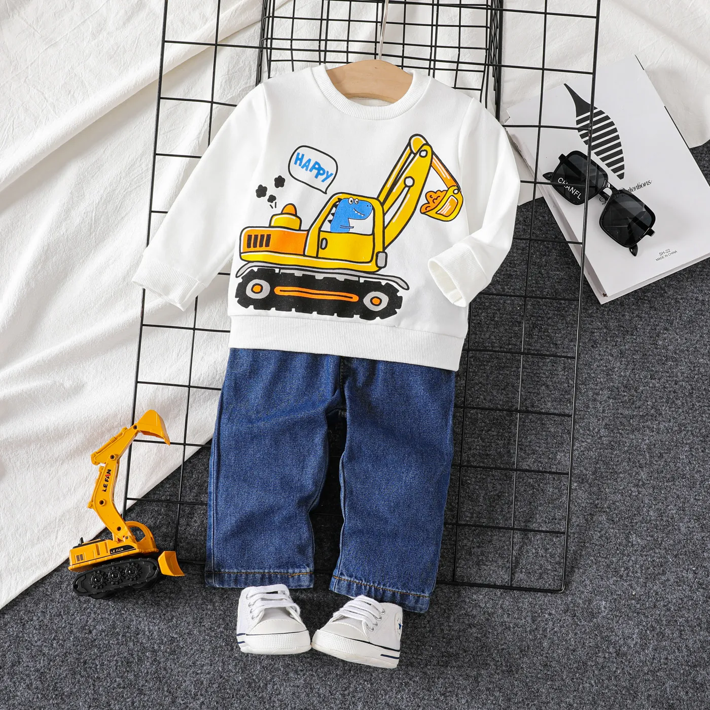2pcs Baby Boy Vehicle Print Long Sleeve Set White big image 1