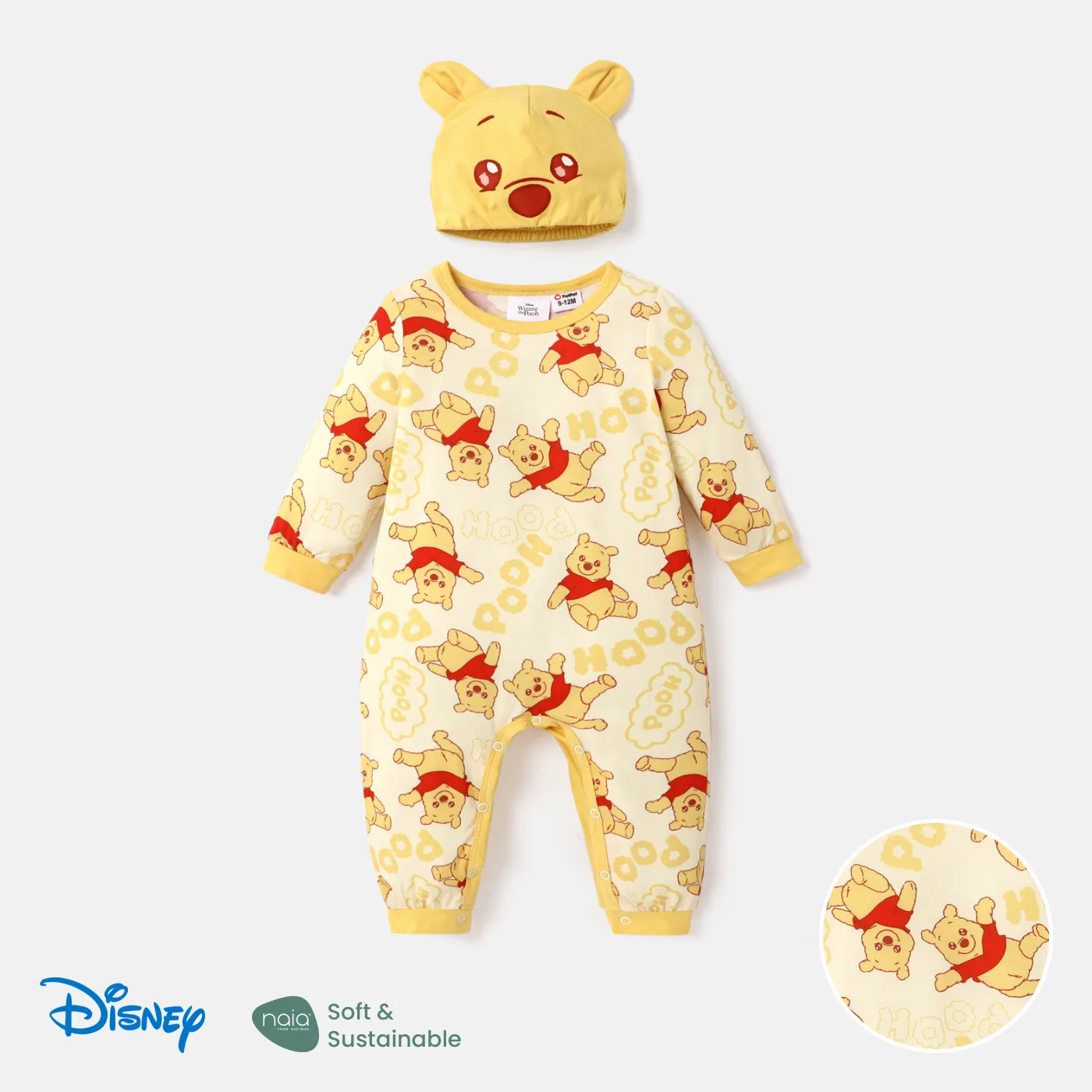 Disney Winnie the Pooh Baby Girl/Boy 2pcs Naia™ Character Print Long-sleeve Jumpsuit with Beanie Hat 
