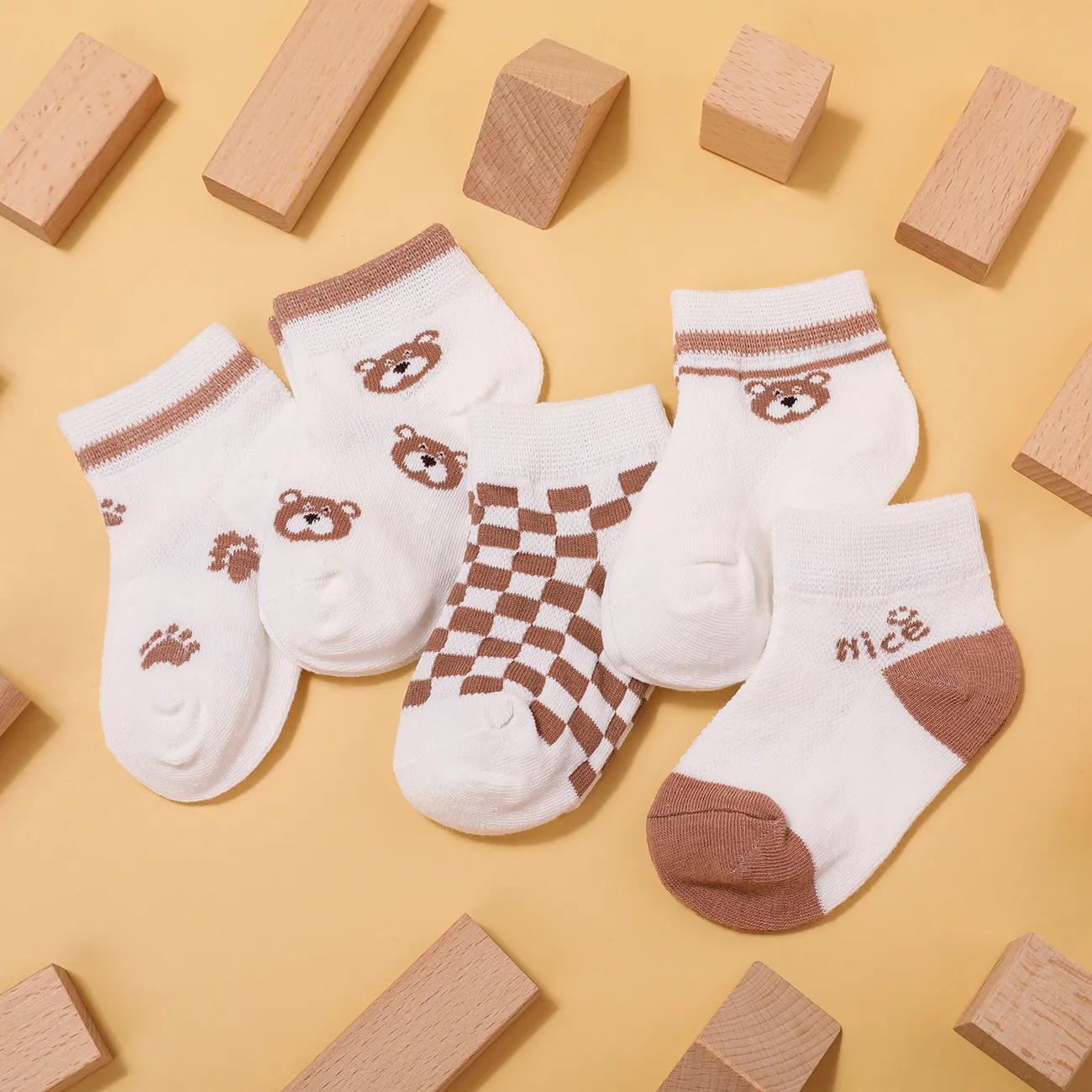 5 Pairs Toddler/Kid Little Bear Embroidery Eyelet Socks White big image 1