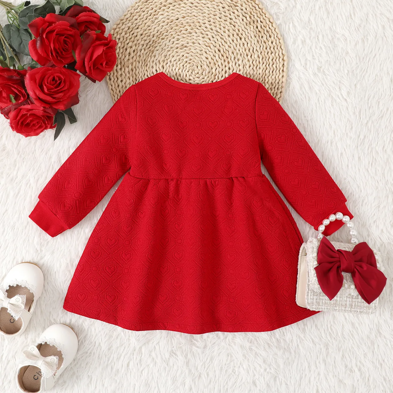 
Baby Girl Sweet Bow Decoration 3D Long Sleeve Dress  Red big image 1