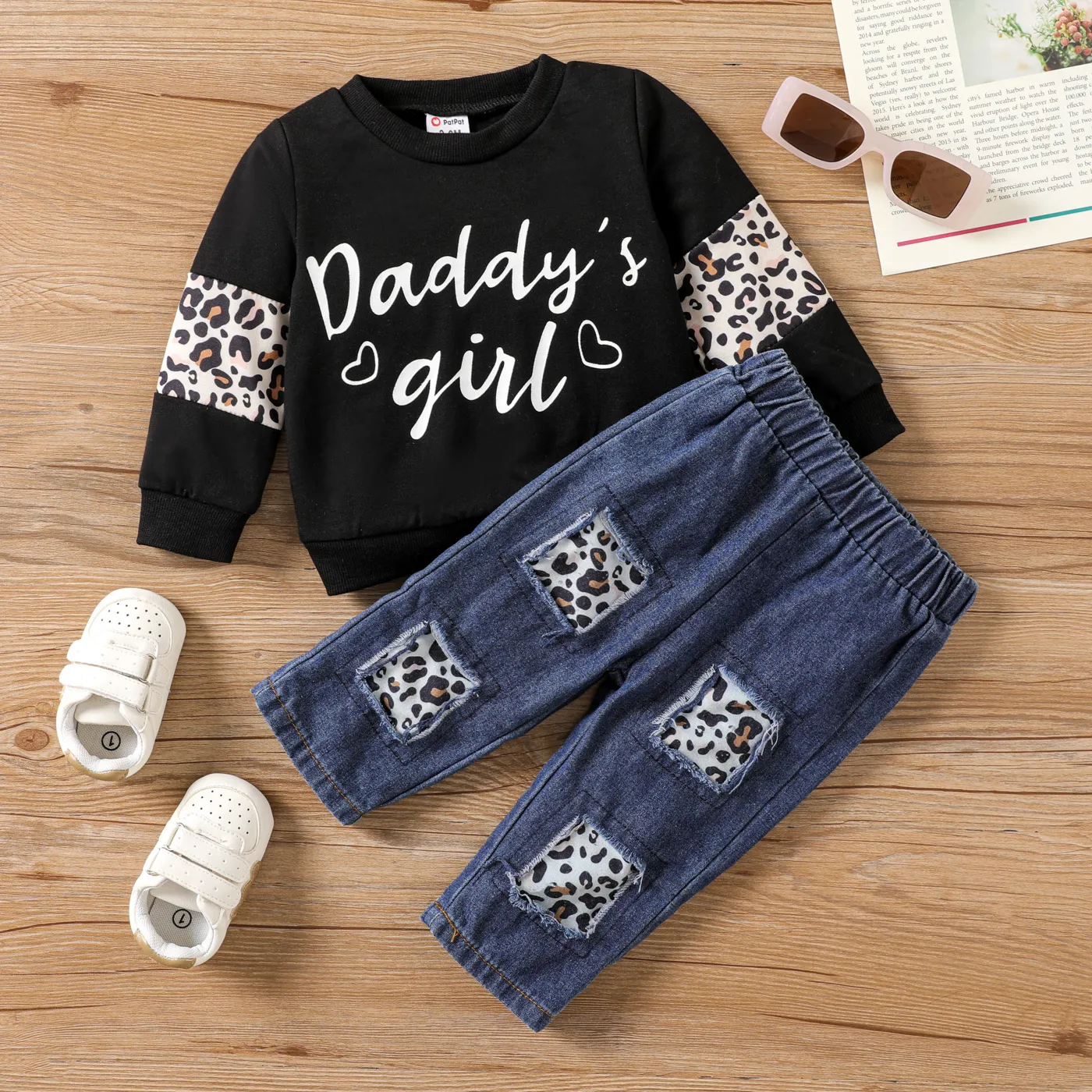 

2pcs Baby Girl Avant-garde Letter Leopard Longsleeve Denim Sets