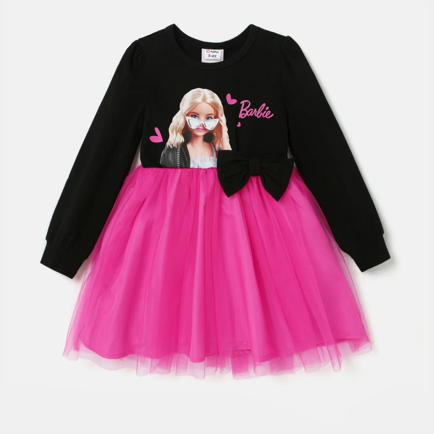 Barbie Toddler Girl Figure Print Bow Decor Long-sleeve Mesh Panel Fairy Dress