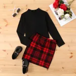 Kid Girl Stand Collar Grid/Houndstooth Skirt Suit Black