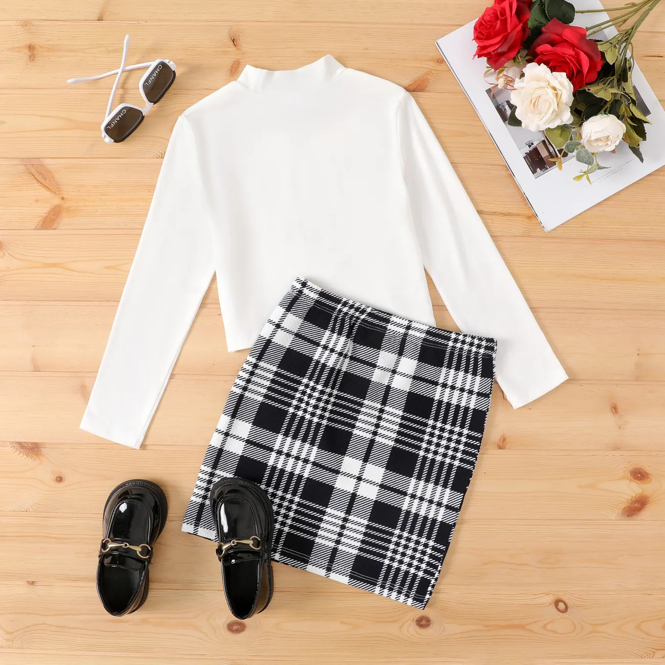 Kid Girl Stand Collar Grid/Houndstooth Skirt Suit White big image 1
