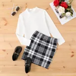 Kid Girl Stand Collar Grid/Houndstooth Skirt Suit White