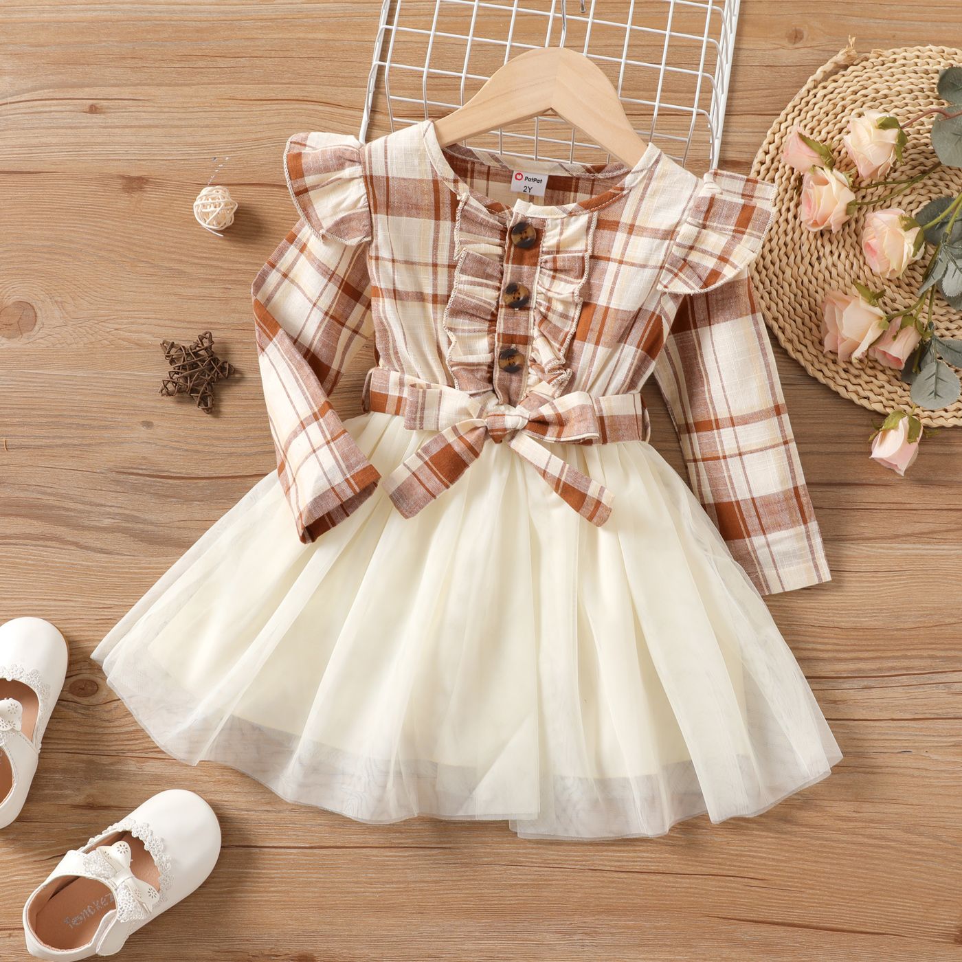 

Toddler Girl Multi-Layered Plaid Pattern Mesh Long Sleeve Dress