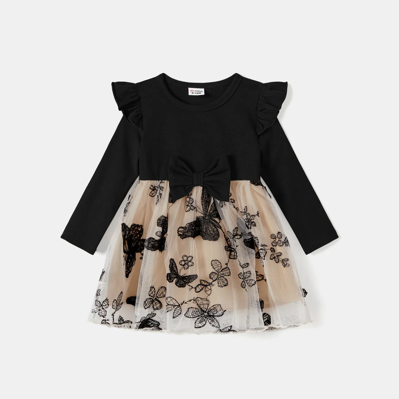 Family Matching Colorblock Long-sleeve Tops and Embroidered Butterfly Mesh Splicing Dresses Sets ColorBlock big image 1