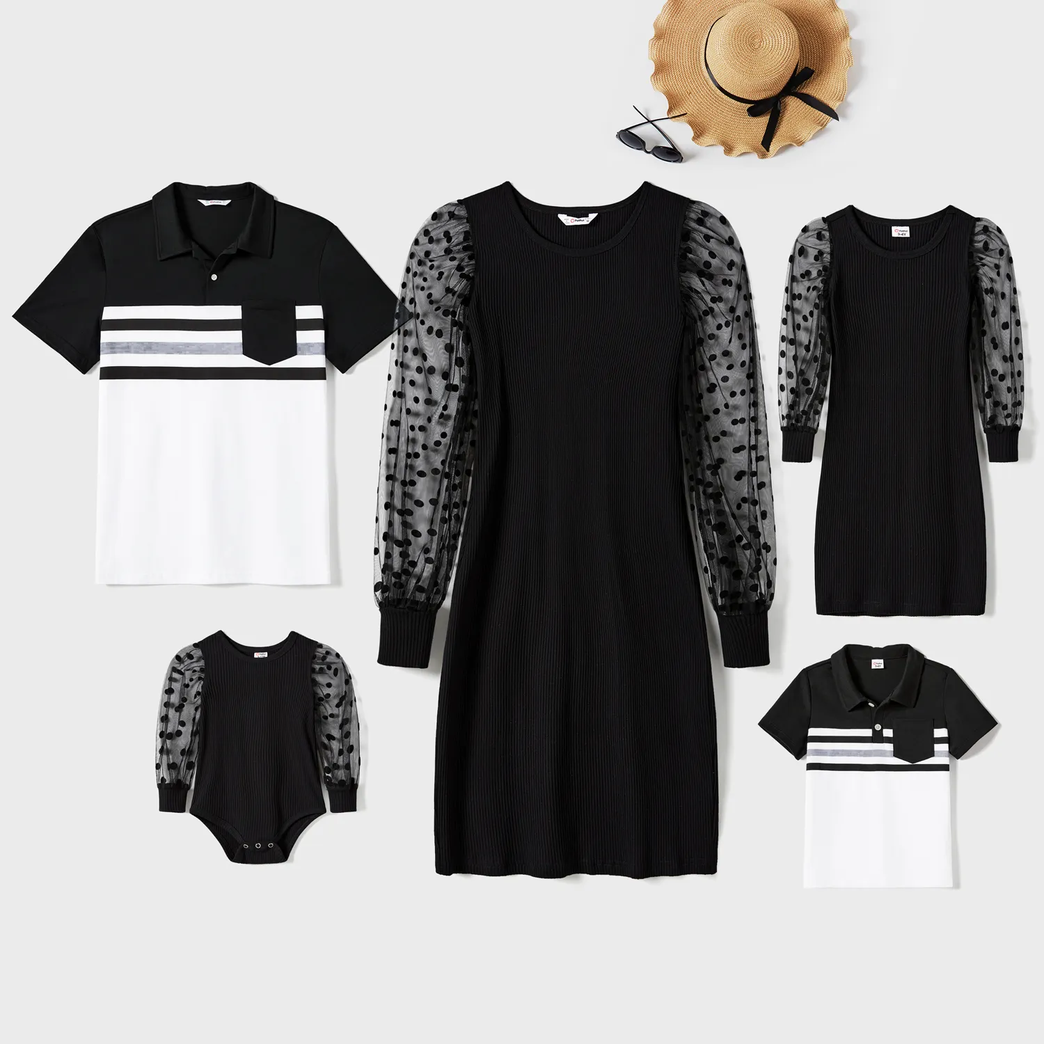  Family Matching black  dot dresses and Long-sleeve Colorblock Tops Sets Black image 2