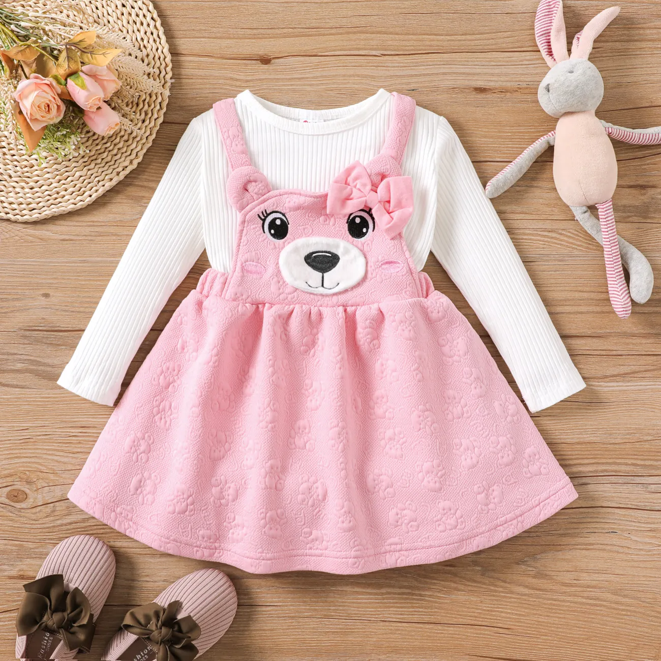 2PCS Toddler Girl Childlike Bear Pattern Suit-Dress Pink big image 1