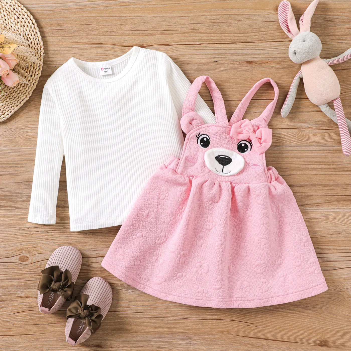 2PCS Toddler Girl Childlike Bear Pattern Suit-Dress  Pink image 2