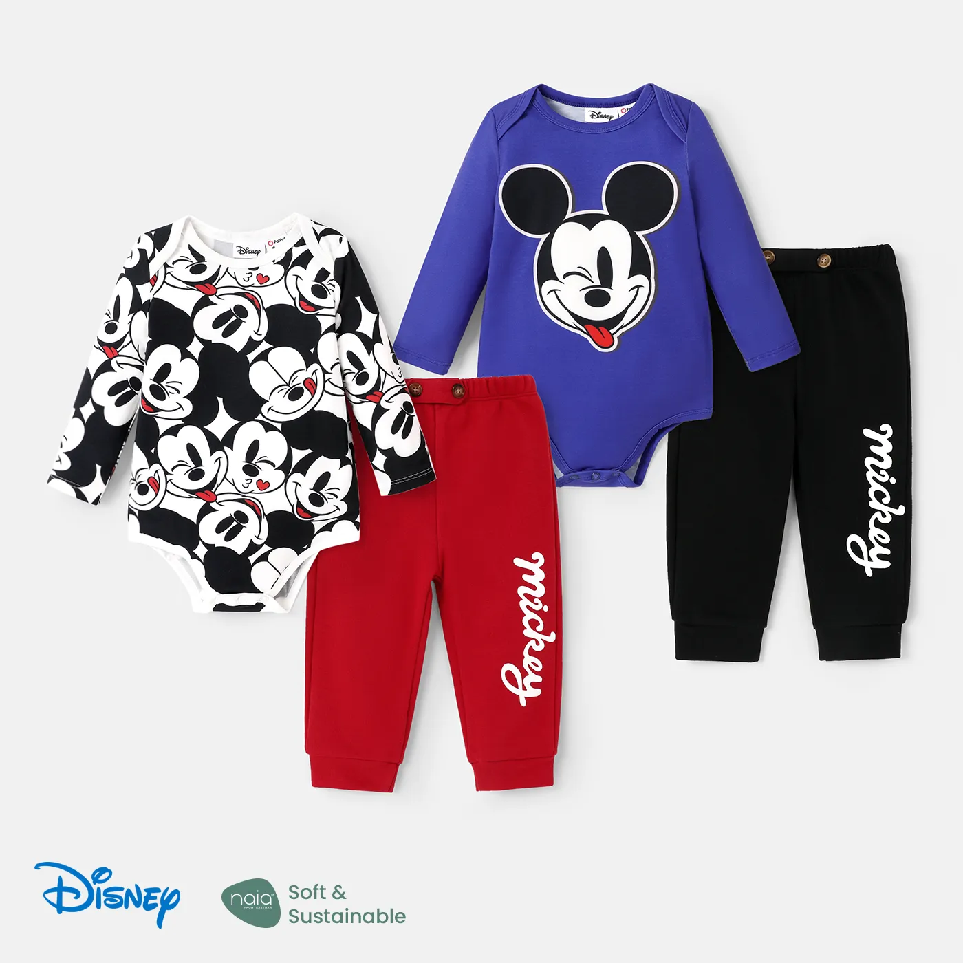 Disney Mickey and Friends Baby Boy 2pcs Naia™ Character Print Long-sleeve Bodysuit and Pants Set 