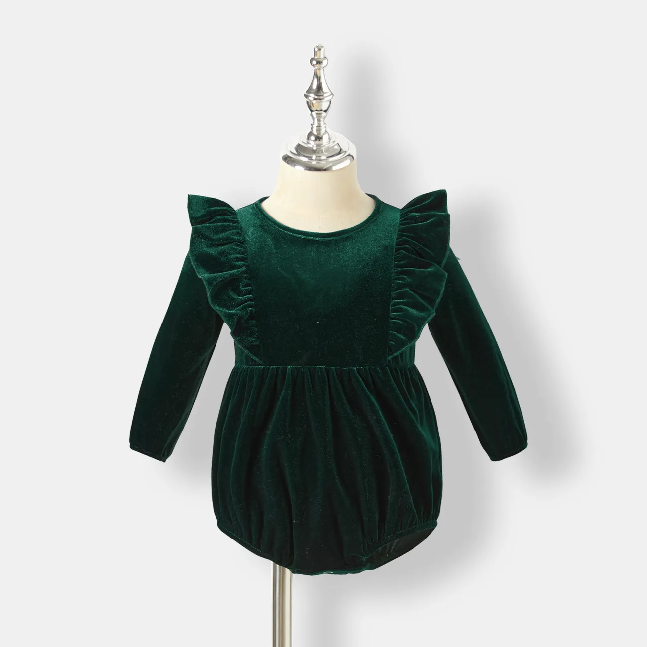 Mommy and Me Solid dress Velet Ruffled Short-sleeves Dresses Green big image 1