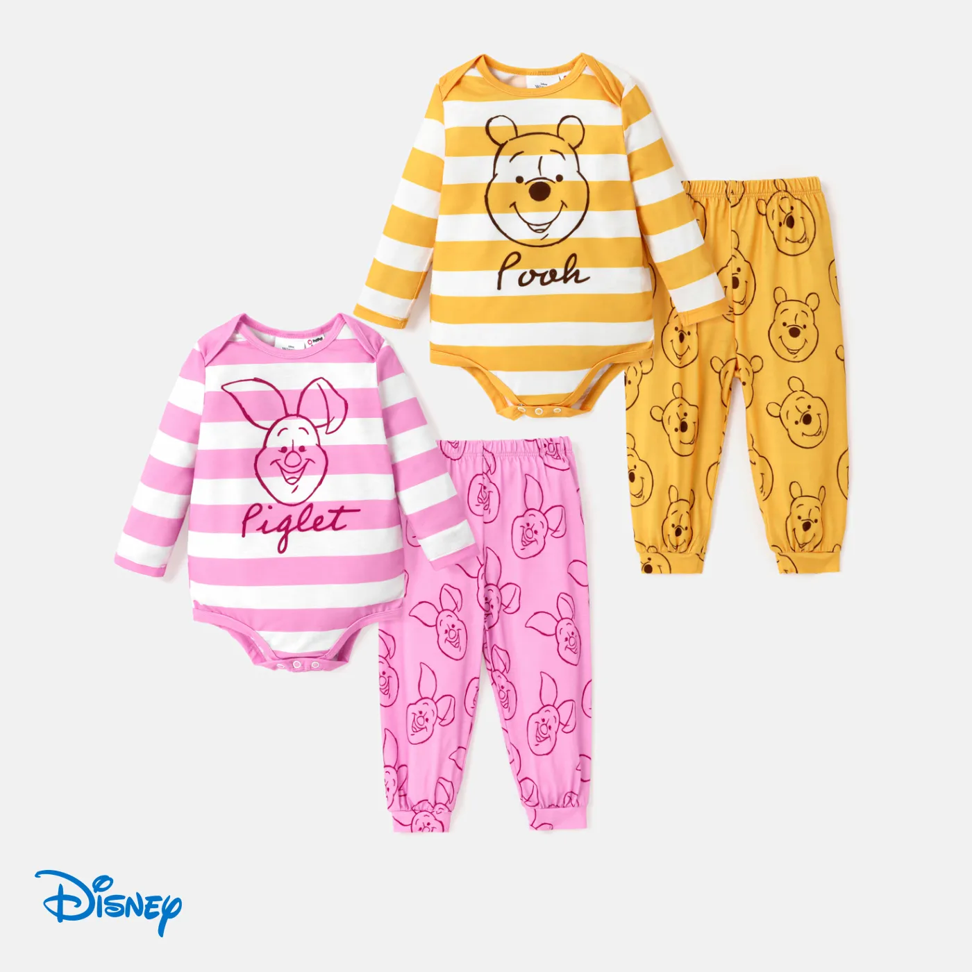 Disney Winnie the Pooh Baby Girl/Boy 2pcs Character & Stripe Print Long-sleeve Onesies and Pants Set 