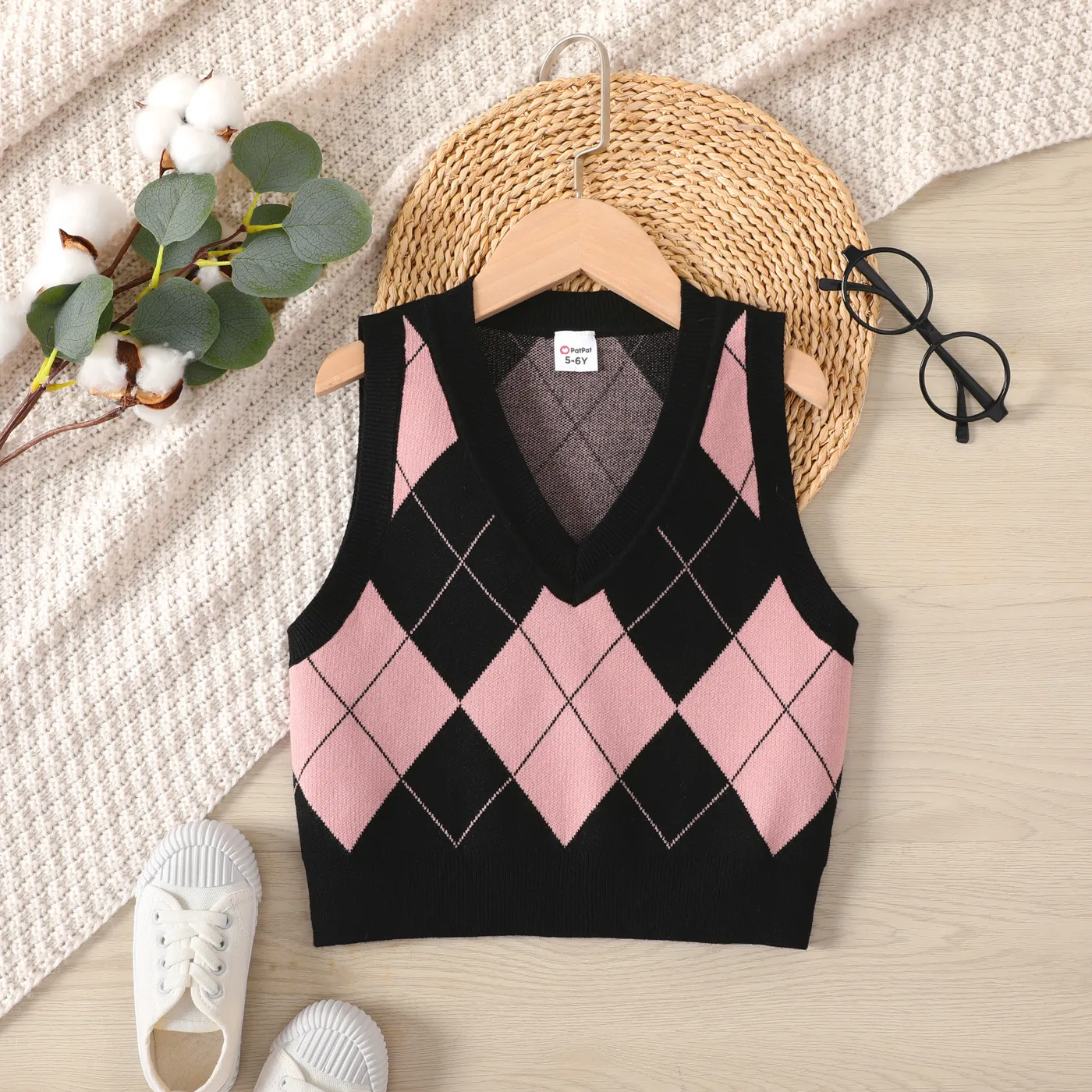 Kid Girl Diamond Pattern Knit Sweater Vest Pink big image 1