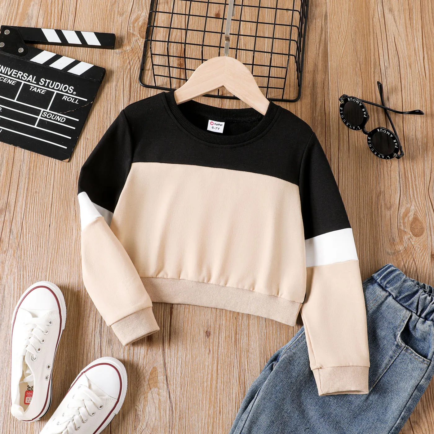 Kid Girl Solid Spliced Design Sweatshirt Khaki