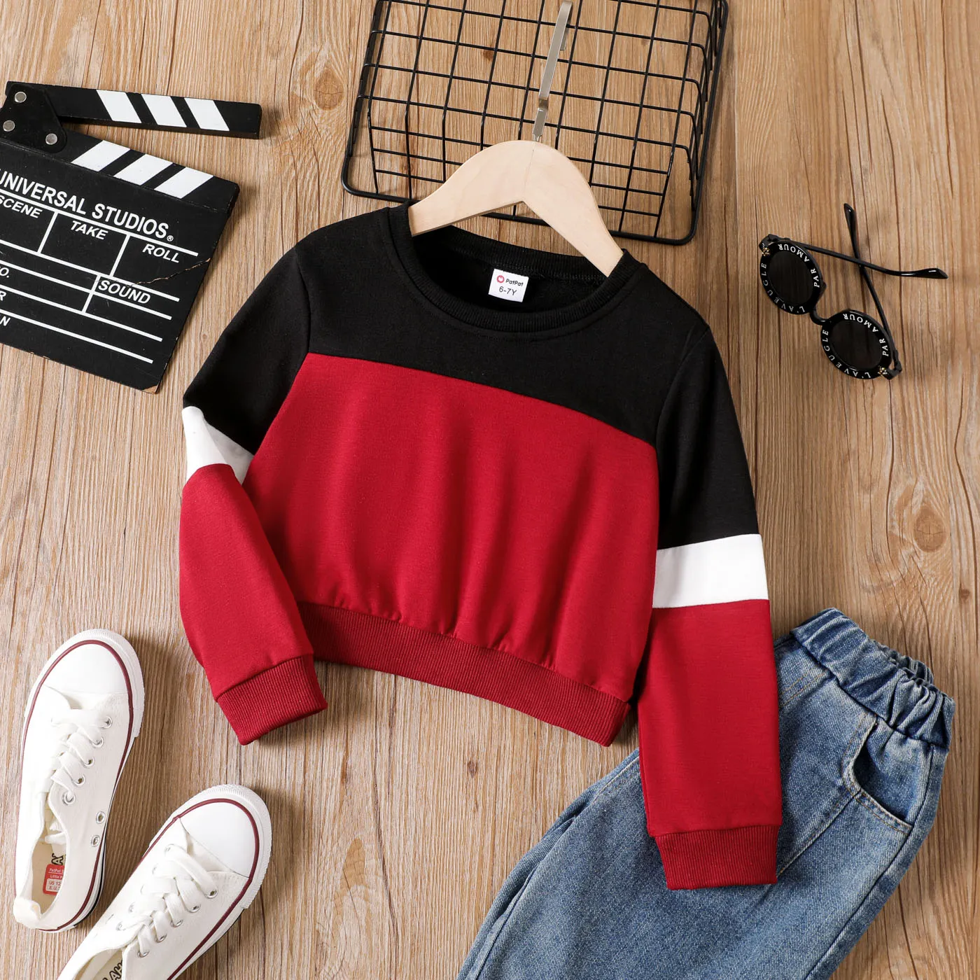 Kid Girl Solid Spliced Design Sweatshirt Red big image 1