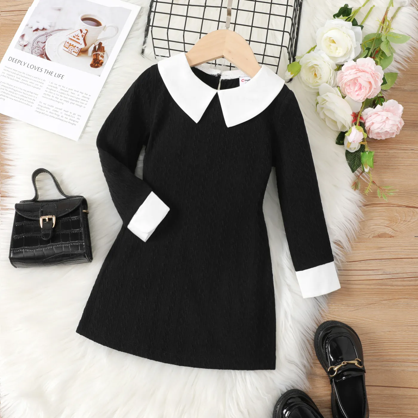 Kid Girl Avant-garde Solid Color Lapel Design Long Sleeve Dress