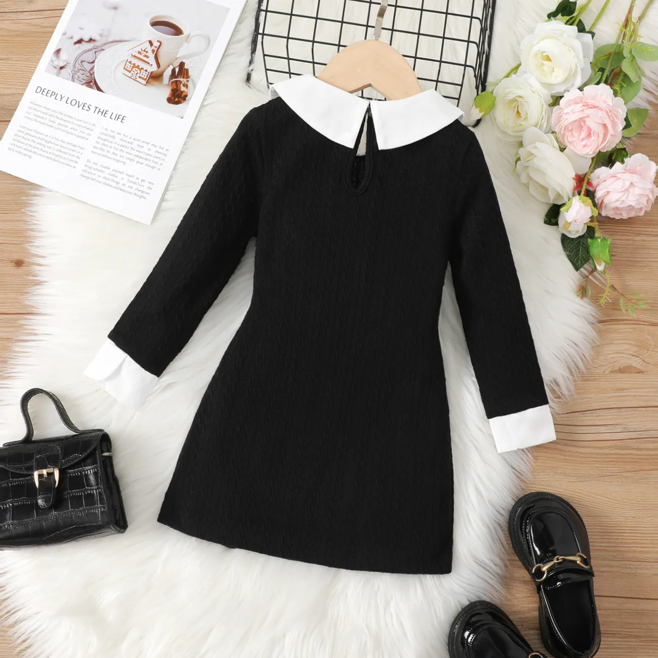 Kid Girl Avant-garde Solid Color Lapel Design Long Sleeve Dress Black big image 1