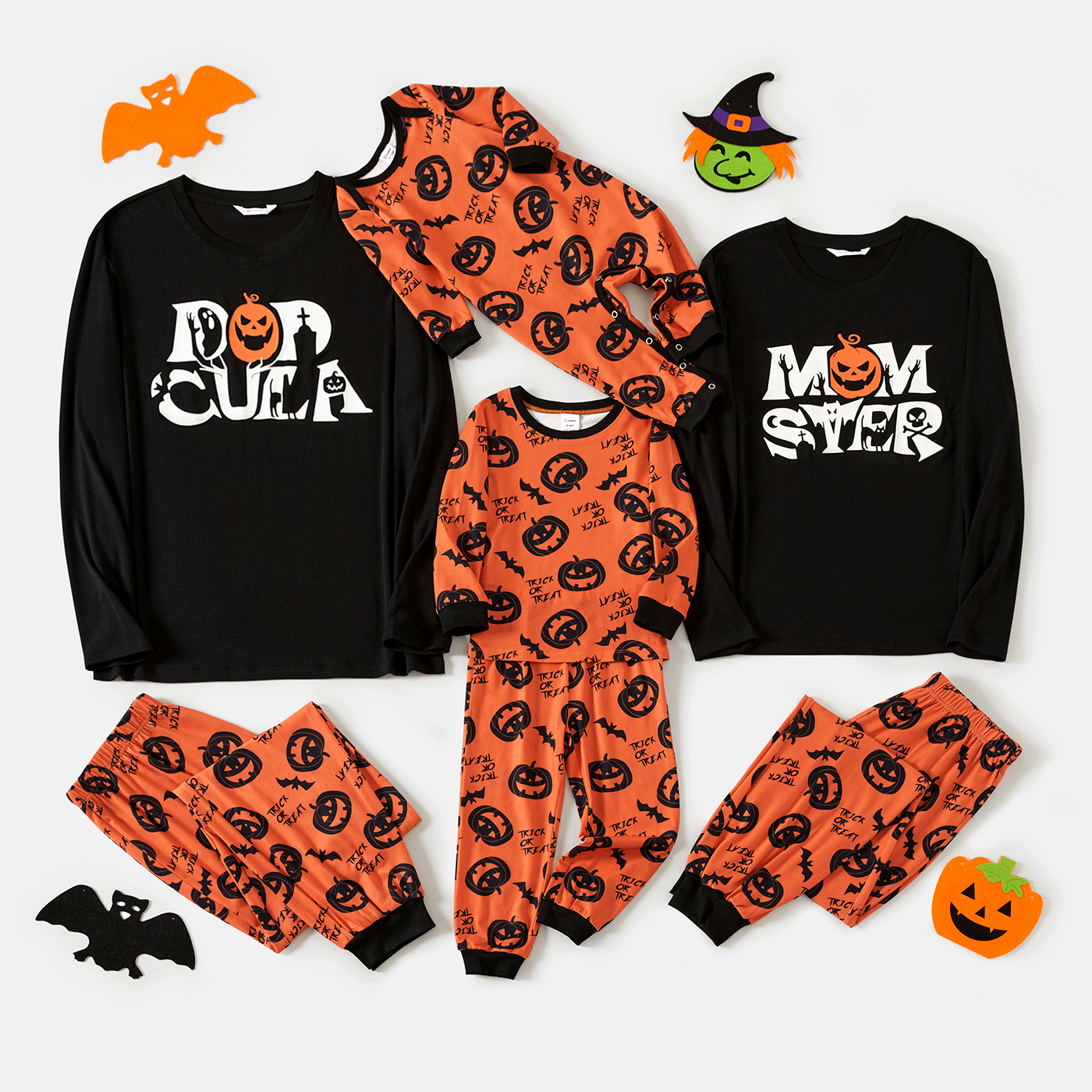 Halloween Glow In The Dark Family Matching Pumpkin Print Long Sleeve Pajamas Sets (Flame Resistant)