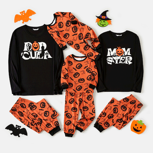 Halloween Glow In The Dark Family Matching Pumpkin Print Long Sleeve Pajamas Sets (Flame Resistant)