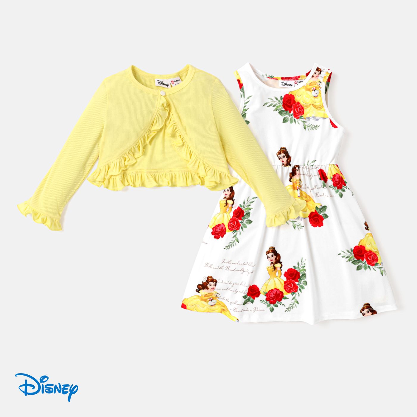 Disney Princess Toddler Girl 2pcs Ruffled Cardigan And Floral Print Tank Dress Set