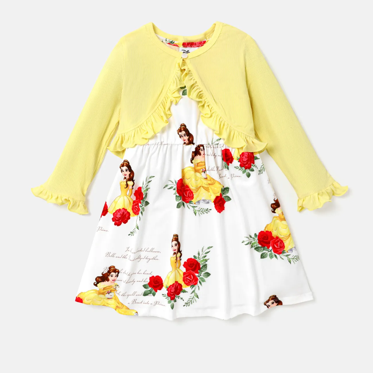 Disney Princess Toddler Girl 2pcs Ruffled Cardigan and Floral Print Tank Dress Set  Yellow big image 1