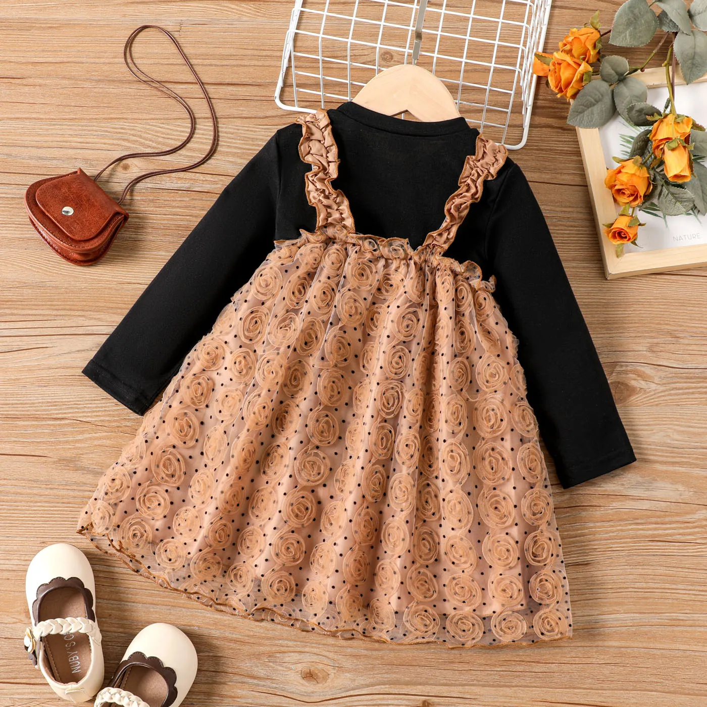 2pcs Toddler Girl Rose Floral Hyper-Tactile Suit-Dress Brown image 2