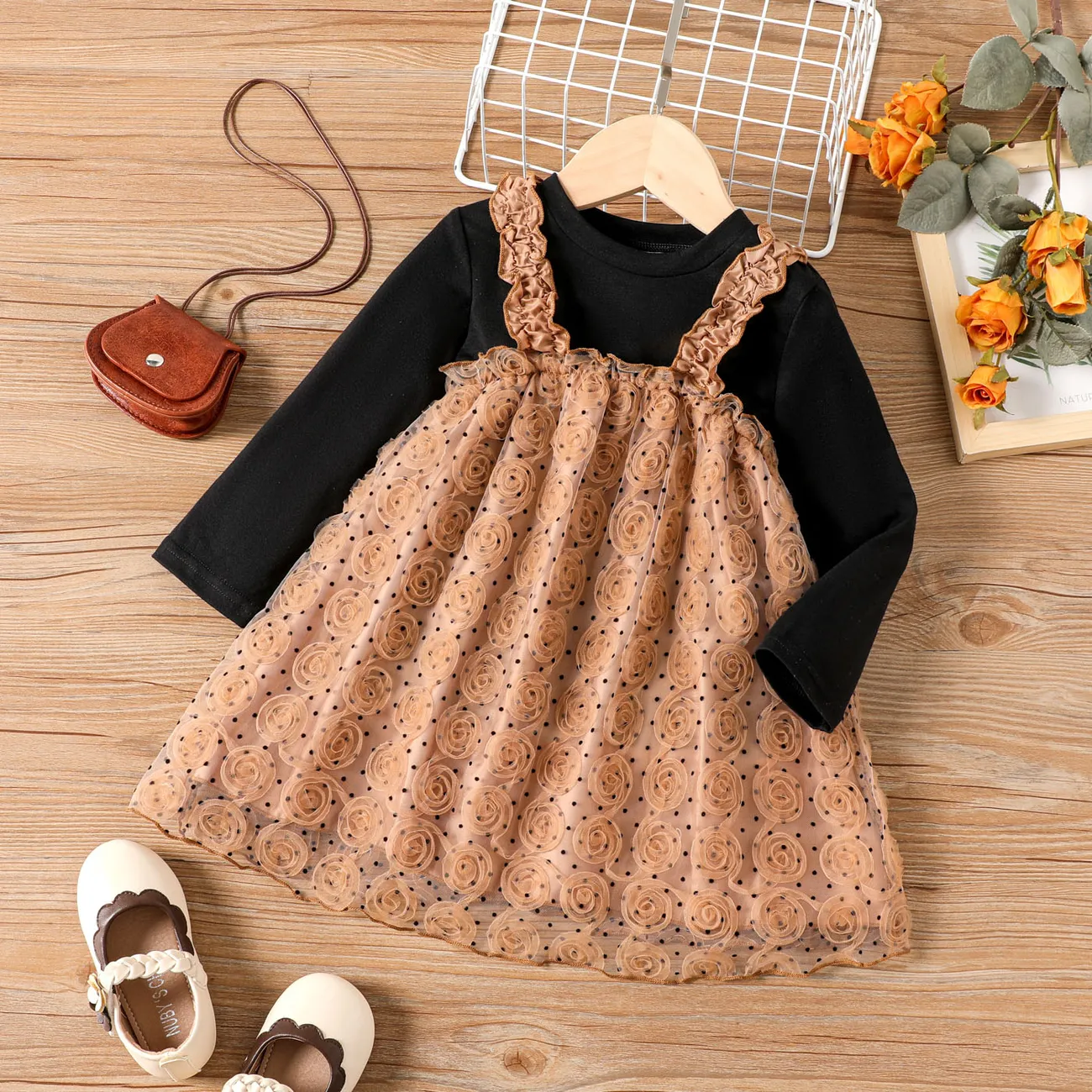 2pcs Toddler Girl Rose Floral Hyper-Tactile Suit-Dress Brown big image 1
