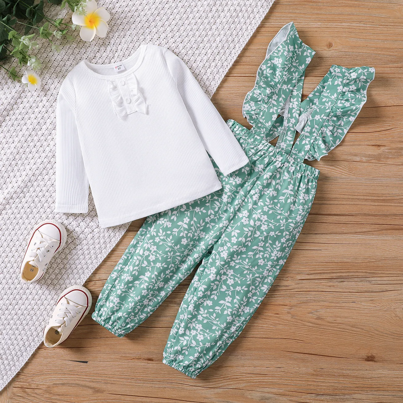 2 unidades Criança Menina Mangas franzidas Bonito Flores isoladas conjuntos de camisetas Verde big image 1