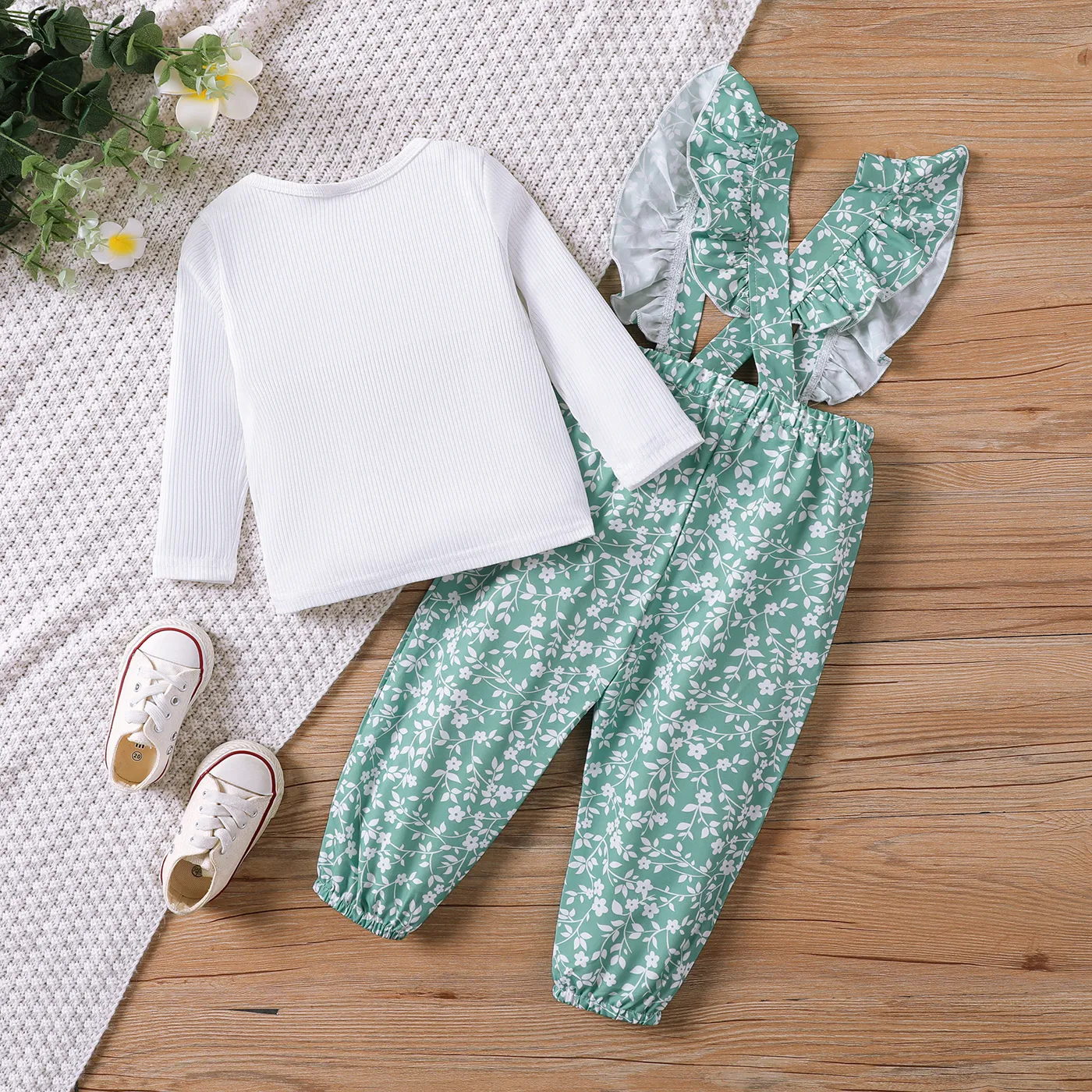 2 unidades Criança Menina Mangas franzidas Bonito Flores isoladas conjuntos de camisetas Verde image 2