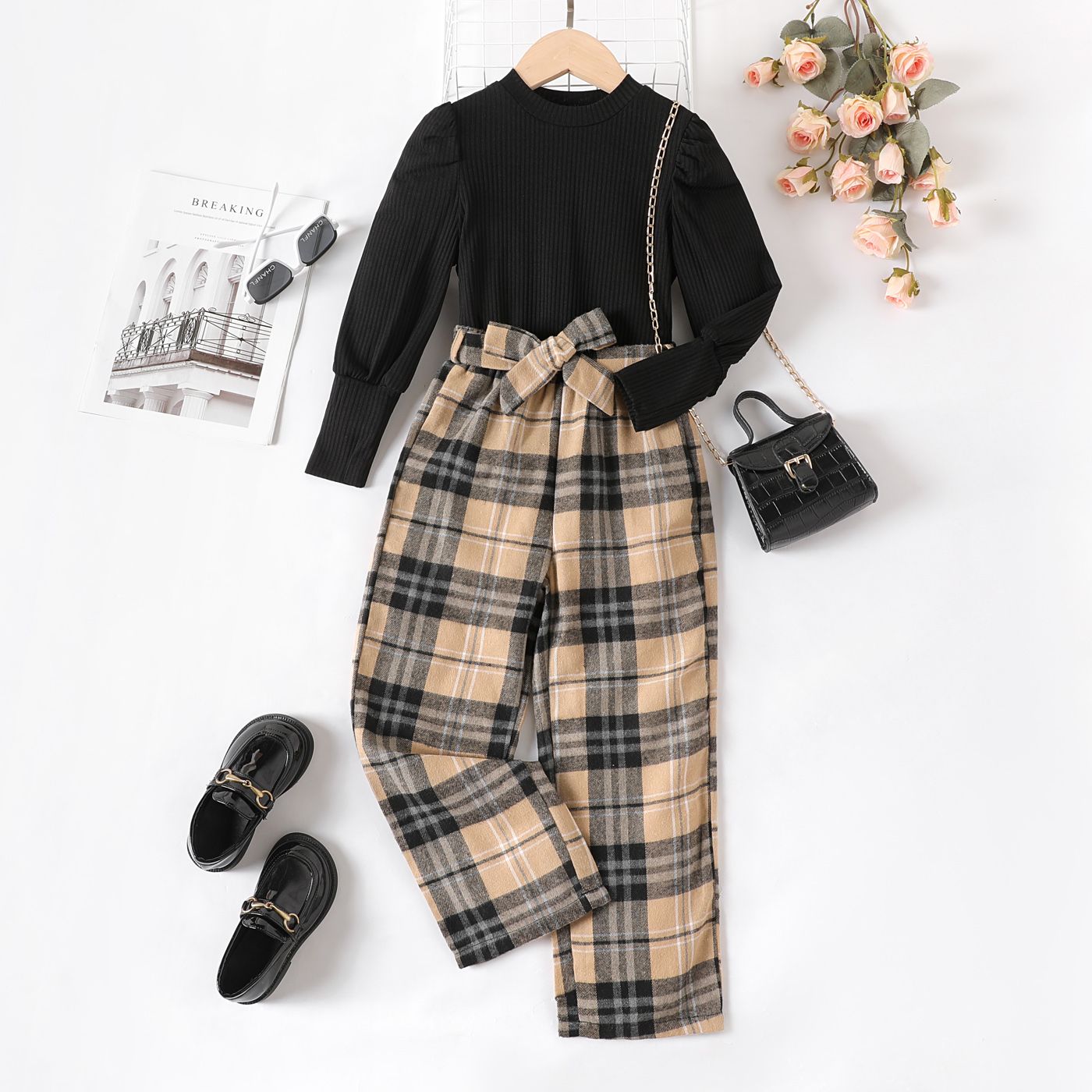

3Pcs Kid Grid Pattern Puff Sleeve Set