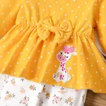 2pcs Baby Girl 95% Cotton Polka Dots Bow Decor Giraffe Embroidery Long-sleeve Top and Allover Floral Print Pants Set Yellow image 4