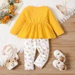 2pcs Baby Girl 95% Cotton Polka Dots Bow Decor Giraffe Embroidery Long-sleeve Top and Allover Floral Print Pants Set Yellow image 2