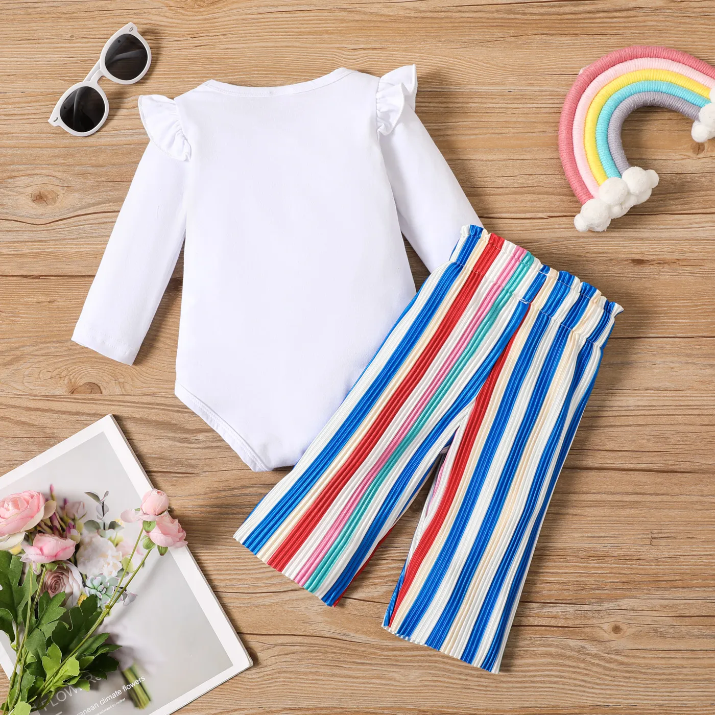 2pcs Baby Girl Sweet Rainbow Flutter Long Sleeve Set   image 2