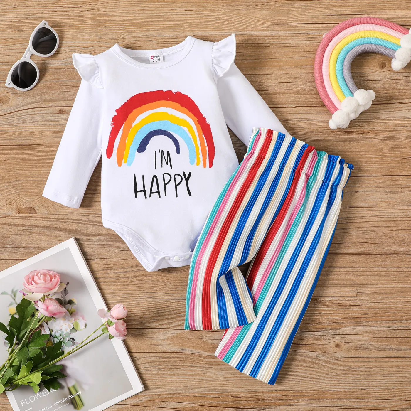 2pcs Baby Girl Sweet Rainbow Flutter Long Sleeve Set   big image 1